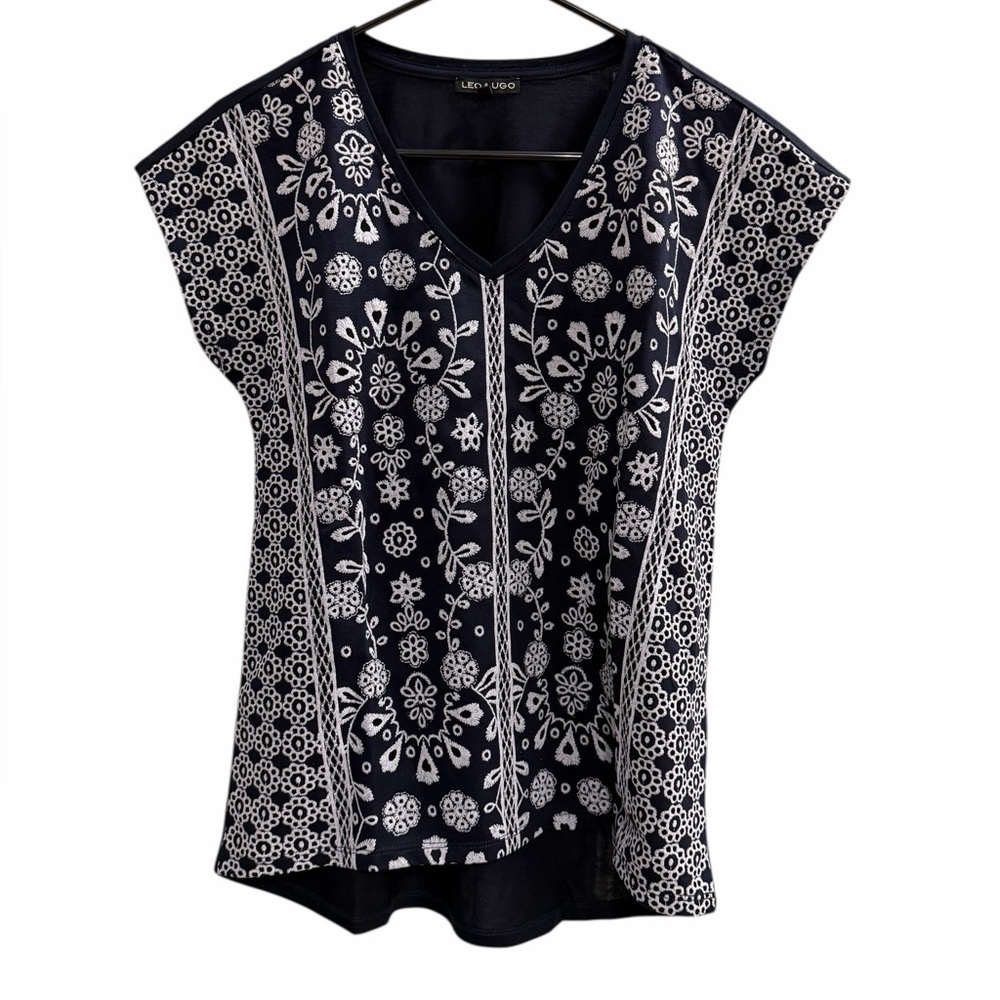 LEO & UGO Floral Embroidered Top Navy White Size 0 / Size XS